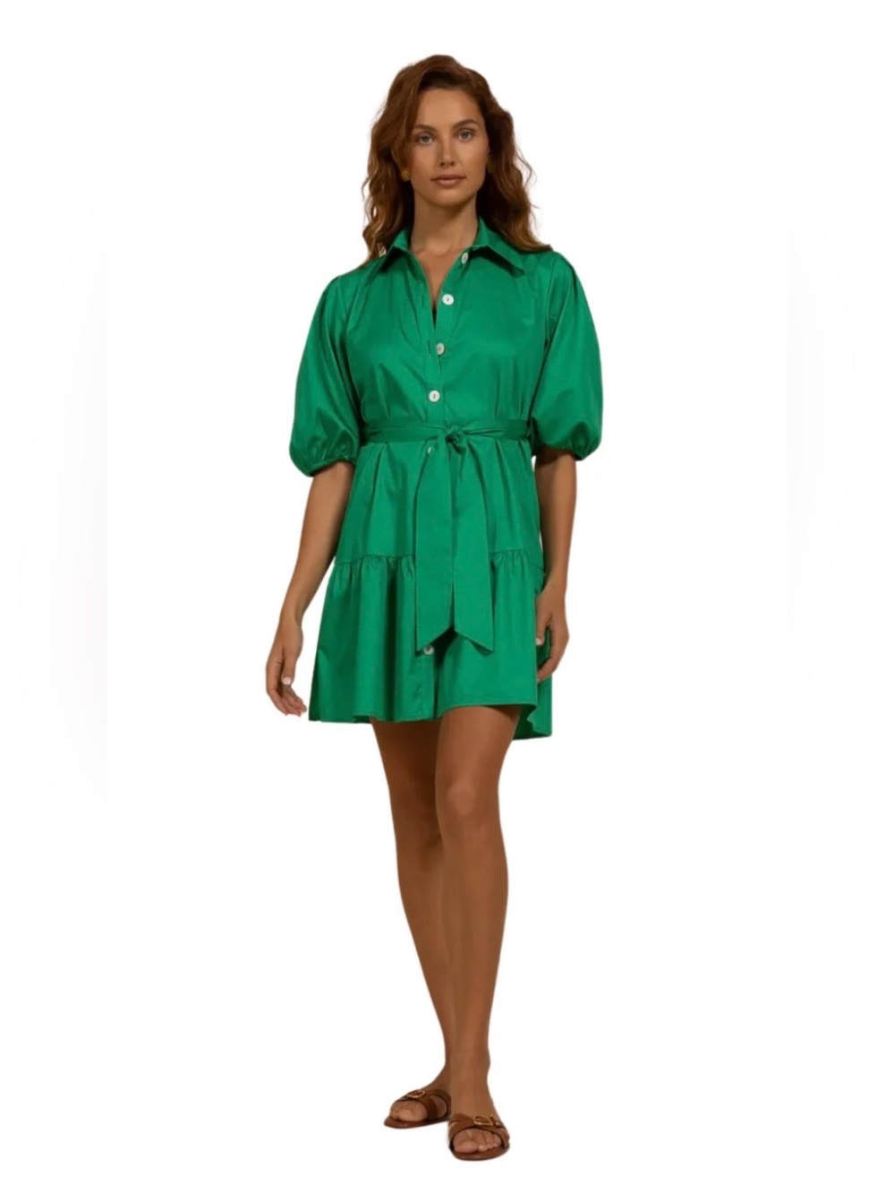 Anthropologie Kasia Puffy Sleeve Dress green 100% cotton poplin tiered SZ Medium